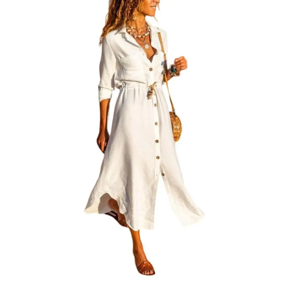 Floral Blooming White Drawstring Midi Shirt Dress Size M - Picture 1 of 2